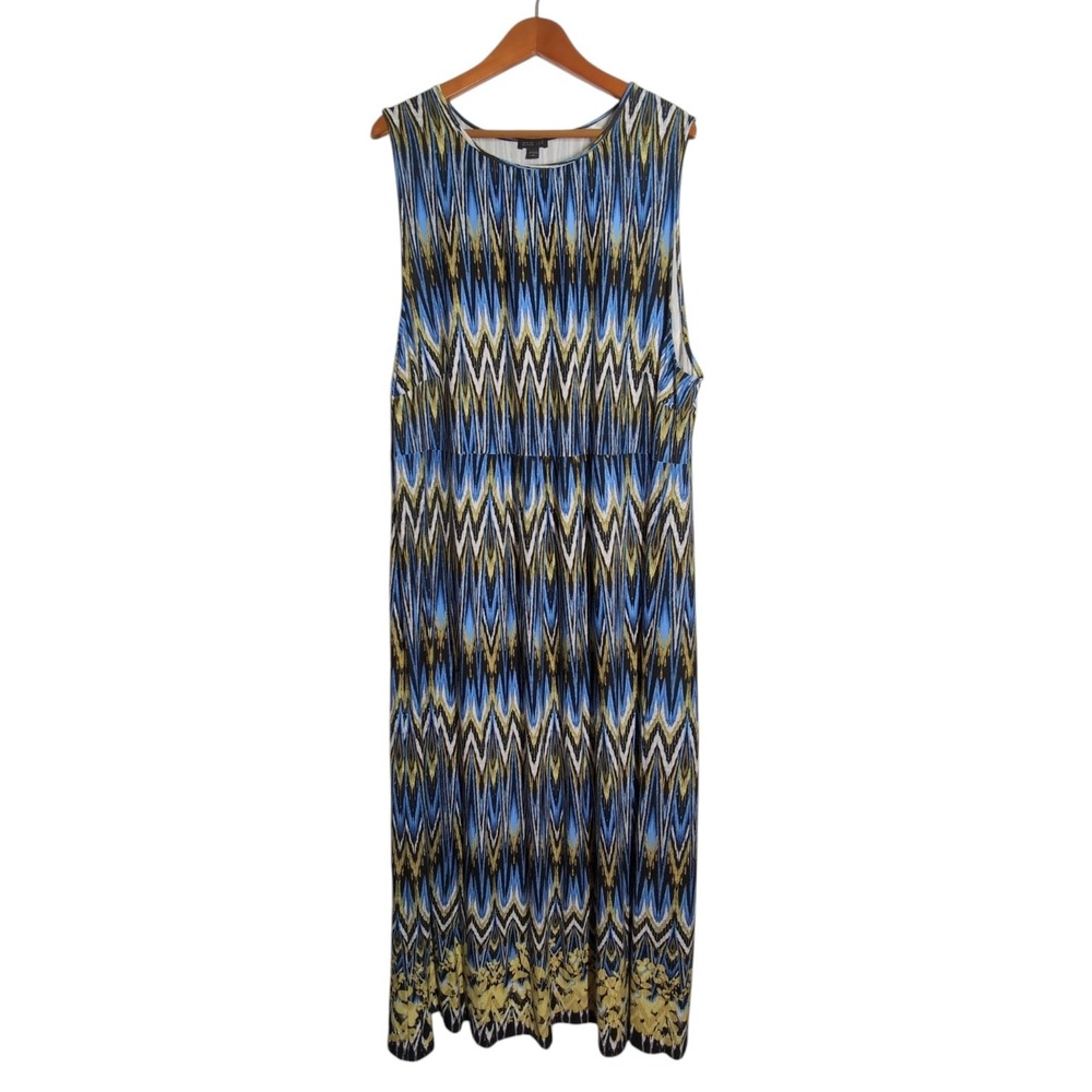 J. Jill Wearever Maxi Dress Womens 4X Boho Blue Ikat Chevron Resortwear Vacation